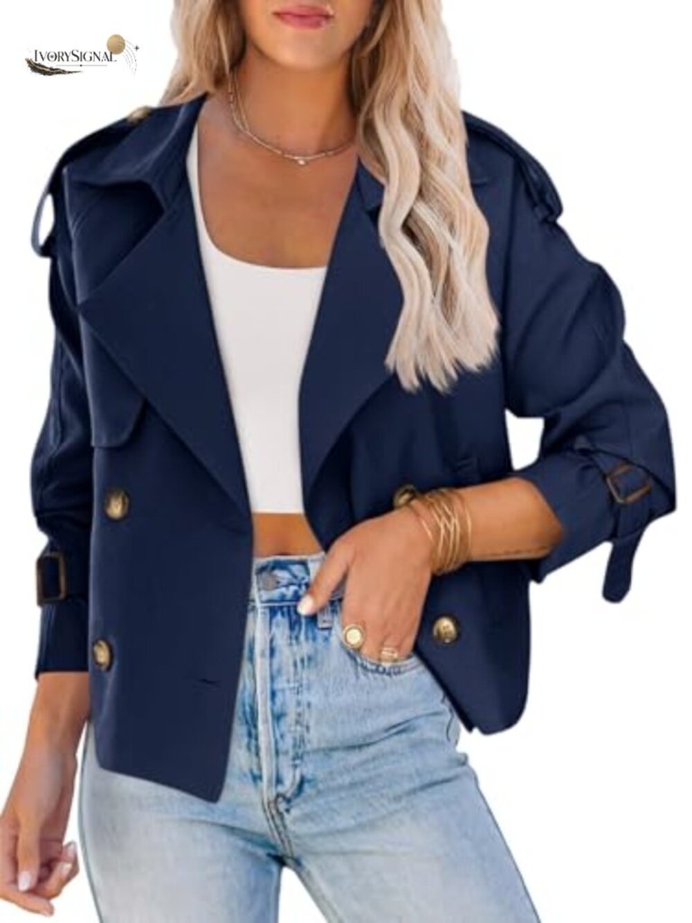 Women Cropped Double Breasted Trench Coat Short Jacket 90% Polyester 10%